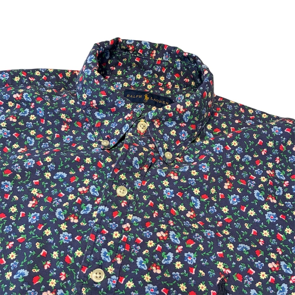 Ralph Lauren Mens Navy Floral Short Sleeve Button Down Shirt Large